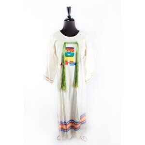 Vtg Maxi Dress Kaftan Mayan Warrior Handmade Embroidery Mexico Green Cotton